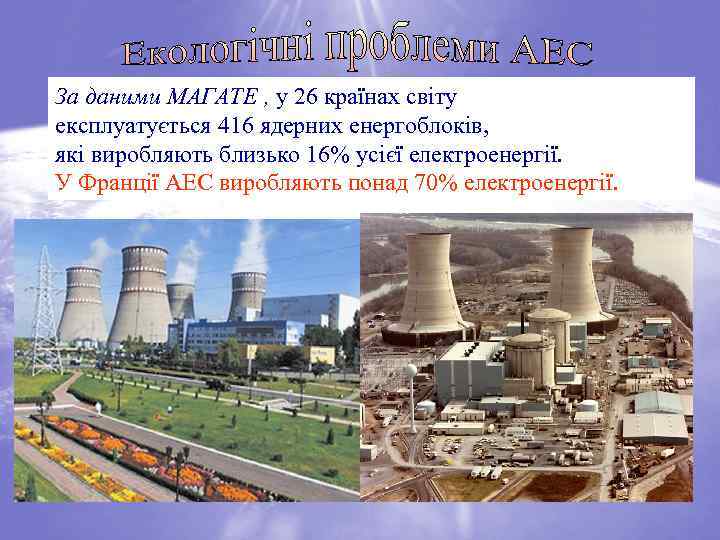 За даними МАГАТЕ , у 26 країнах світу експлуатується 416 ядерних енергоблоків, які виробляють