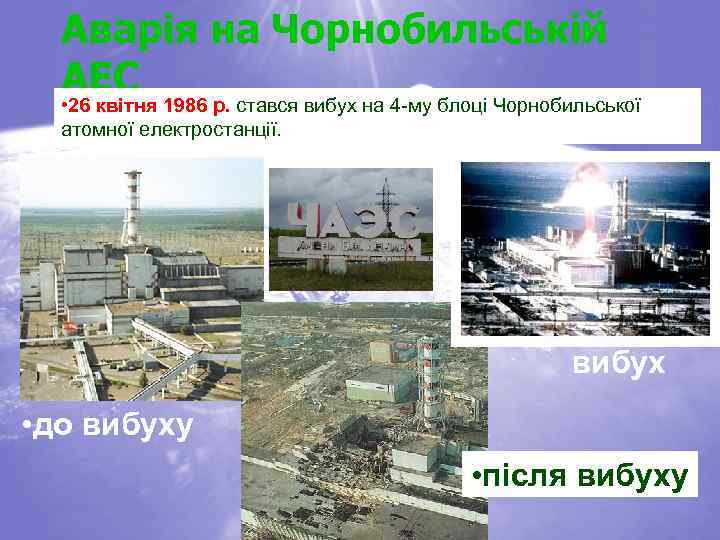 Аварія на Чорнобильській АЕС • 26 квітня 1986 р. стався вибух на 4 -му