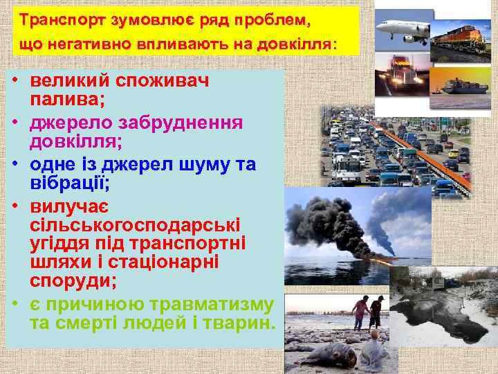 Транспорт зумовлює ряд проблем, що негативно впливають на довкілля: • великий споживач палива; •