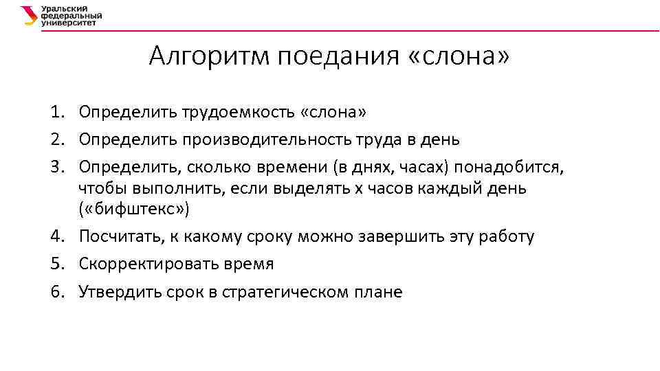 Алгоритм поедания «слона» 1. Определить трудоемкость «слона» 2. Определить производительность труда в день 3.