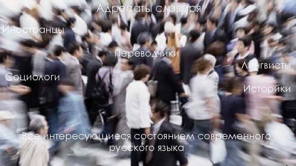 Адресаты словаря Иностранцы Переводчики Лингвисты Социологи Историки Все интересующиеся состоянием современного русского языка 