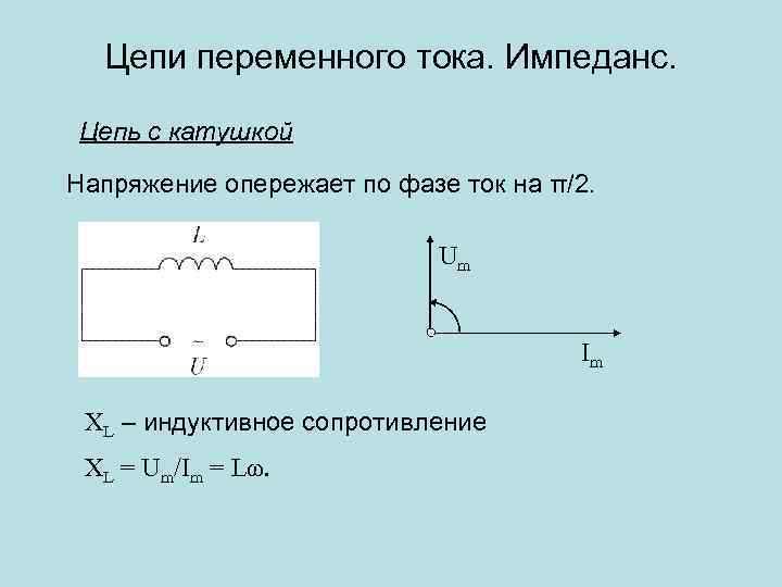 Цепи переменного тока. Импеданс. Цепь с катушкой Напряжение опережает по фазе ток на π/2.