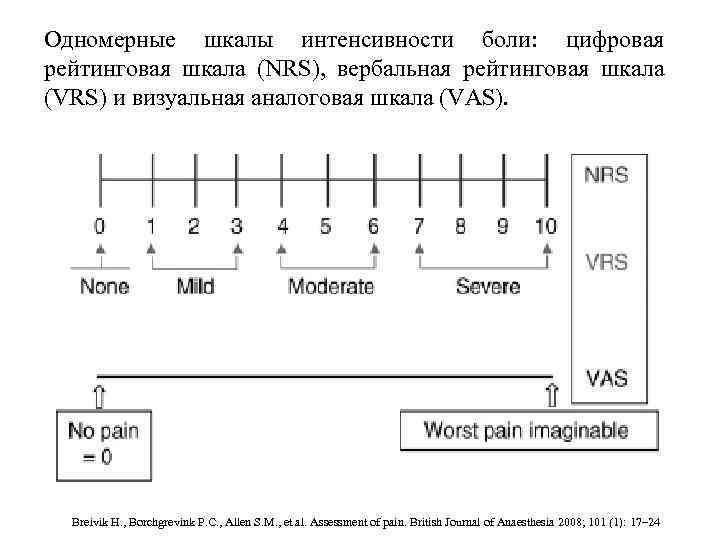 Одномерные шкалы интенсивности боли: цифровая рейтинговая шкала (NRS), вербальная рейтинговая шкала (VRS) и визуальная
