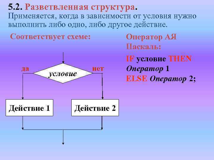 5. 2. Разветвленная структура. Применяется, когда в зависимости от условия нужно выполнить либо одно,