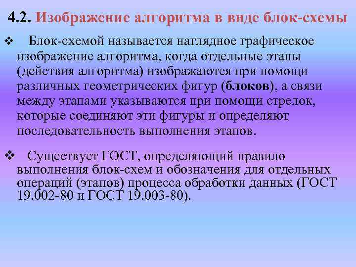  4. 2. Изображение алгоритма в виде блок-схемы v Блок-схемой называется наглядное графическое изображение