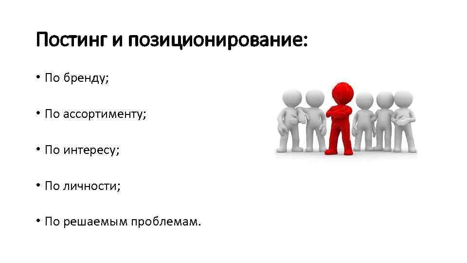 Постинг и позиционирование: • По бренду; • По ассортименту; • По интересу; • По