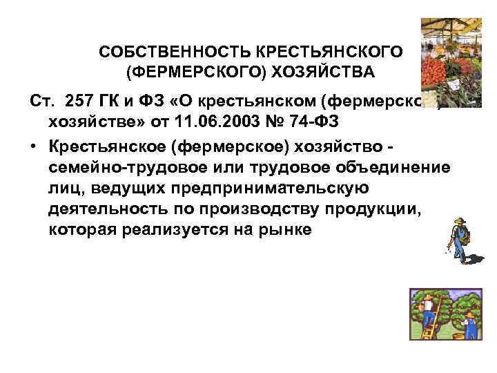 СОБСТВЕННОСТЬ КРЕСТЬЯНСКОГО (ФЕРМЕРСКОГО) ХОЗЯЙСТВА Ст. 257 ГК и ФЗ «О крестьянском (фермерском) хозяйстве» от