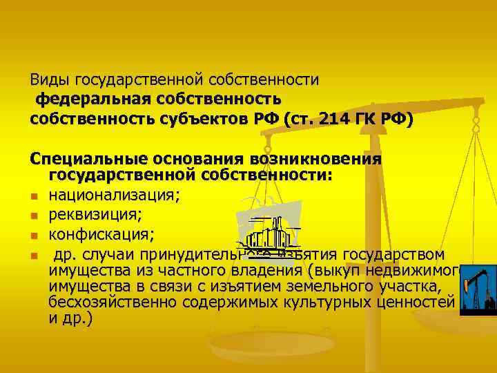 Виды государственной собственности федеральная собственность субъектов РФ (ст. 214 ГК РФ) Специальные основания возникновения