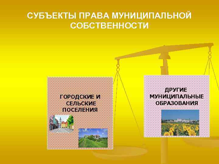 СУБЪЕКТЫ ПРАВА МУНИЦИПАЛЬНОЙ СОБСТВЕННОСТИ ГОРОДСКИЕ И СЕЛЬСКИЕ ПОСЕЛЕНИЯ ДРУГИЕ МУНИЦИПАЛЬНЫЕ ОБРАЗОВАНИЯ 