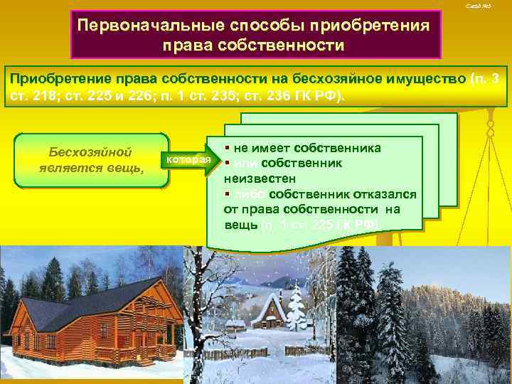 Слайд № 5 Первоначальные способы приобретения права собственности Приобретение права собственности на бесхозяйное имущество