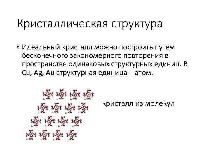 Кристаллическая структура • Идеальный кристалл можно построить путем бесконечного закономерного повторения в пространстве одинаковых