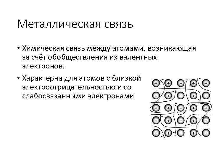 Металлическая связь • Химическая связь между атомами, возникающая за счёт обобществления их валентных электронов.