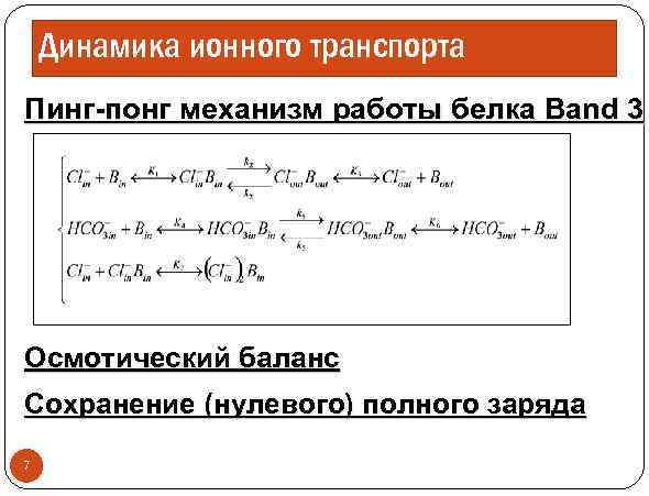 Динамика ионного транспорта Пинг-понг механизм работы белка Band 3 Осмотический баланс Сохранение (нулевого) полного