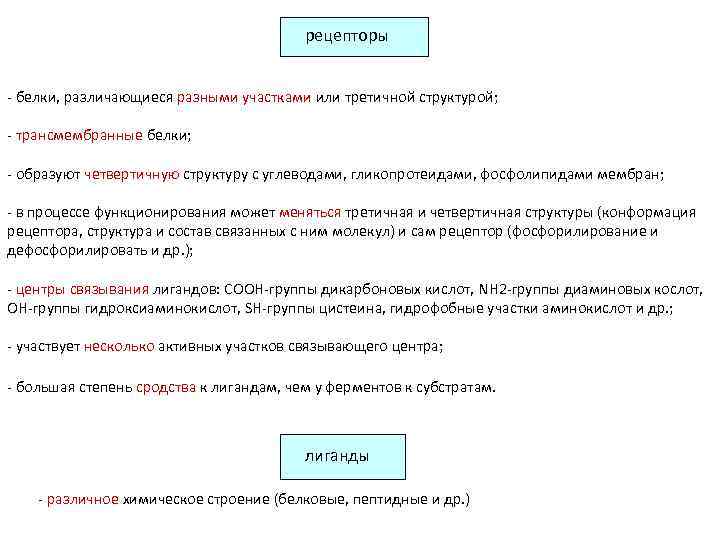 рецепторы - белки, различающиеся разными участками или третичной структурой; - трансмембранные белки; - образуют