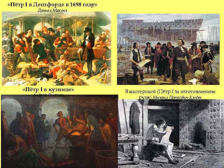  «Пётр I в Дептфорде в 1698 году» Даниел Маклиз «Пётр I в кузнице»