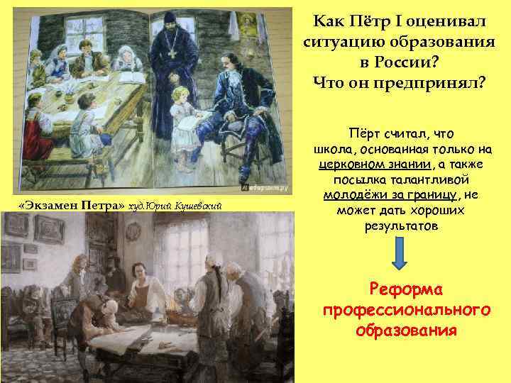 Как Пётр I оценивал ситуацию образования в России? Что он предпринял? «Экзамен Петра» худ.