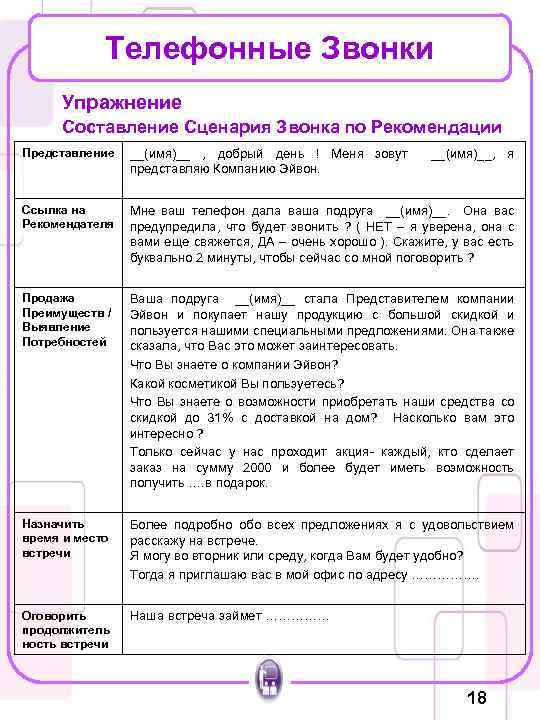 Телефонные Звонки Упражнение Составление Сценария Звонка по Рекомендации Представление __(имя)__ , добрый день !