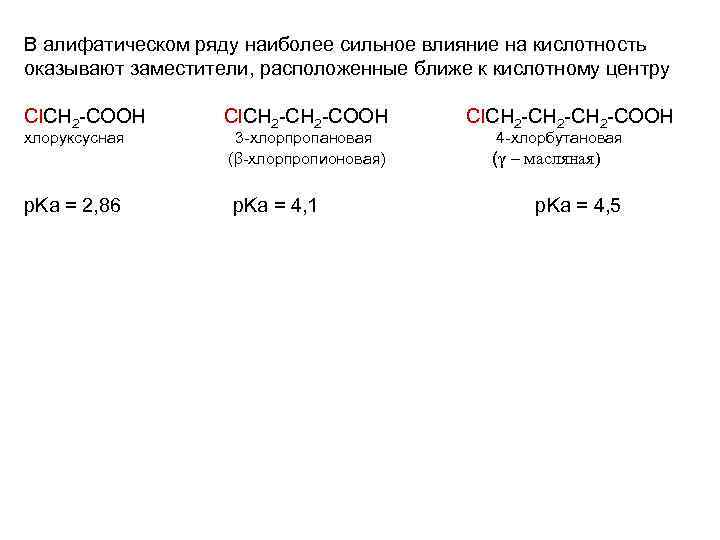 В алифатическом ряду наиболее сильное влияние на кислотность оказывают заместители, расположенные ближе к кислотному