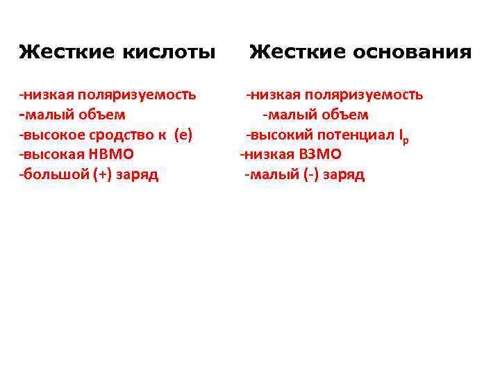 Жесткие кислоты Жесткие основания -низкая поляризуемость -малый объем -высокое сродство к (e) -высокий потенциал