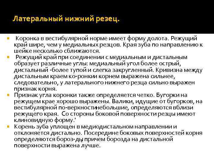 Латеральный нижний резец. Коронка в вестибулярной норме имеет форму долота. Режущий край шире, чем