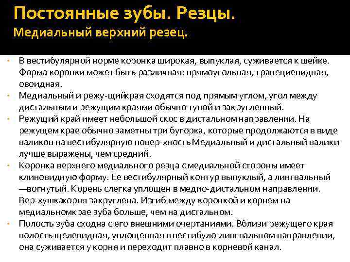 Постоянные зубы. Резцы. Медиальный верхний резец. • • • В вестибулярной норме коронка широкая,