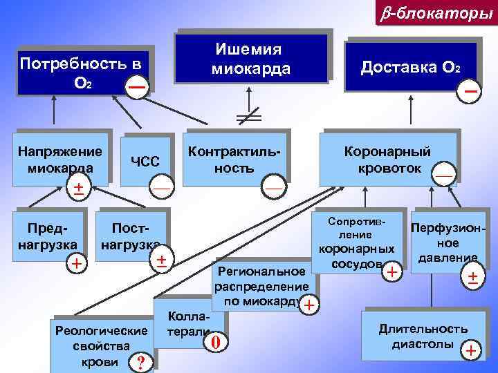  -блокаторы Ишемия миокарда Потребность в О 2 Напряжение миокарда ЧСС + Преднагрузка Контрактильность