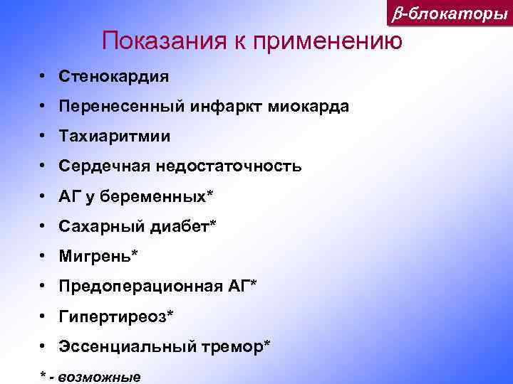  -блокаторы Показания к применению • Стенокардия • Перенесенный инфаркт миокарда • Тахиаритмии •