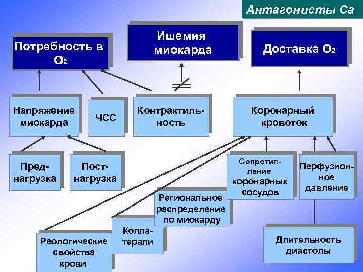 Антагонисты Са Ишемия миокарда Потребность в О 2 Напряжение миокарда Преднагрузка ЧСС Контрактильность Коронарный