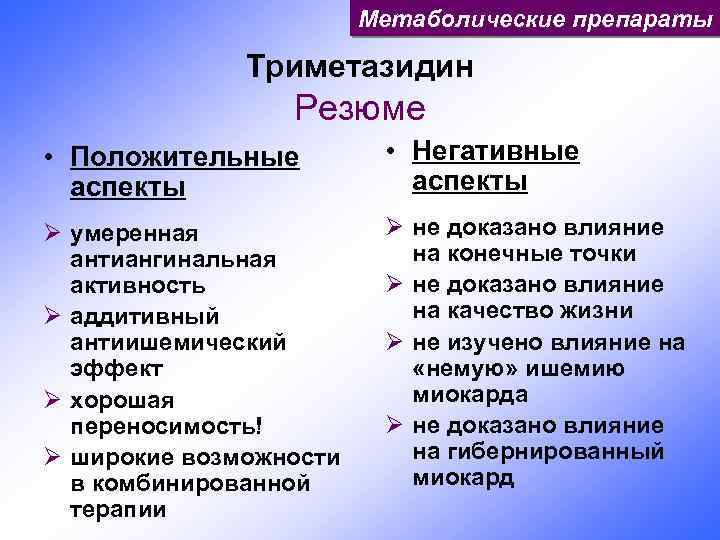 Метаболические препараты Триметазидин Резюме • Положительные аспекты • Негативные аспекты Ø умеренная антиангинальная активность