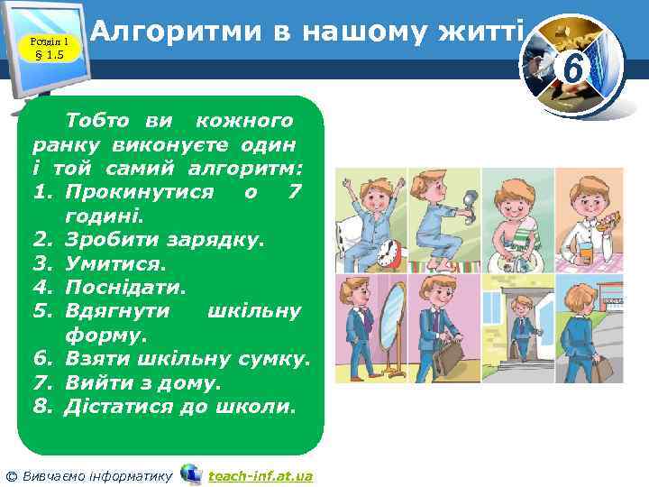 Розділ 1 § 1. 5 Алгоритми в нашому житті Тобто ви кожного ранку виконуєте