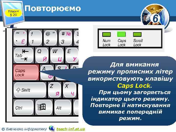 Розділ 4 § 20 Повторюємо 6 Для вмикання режиму прописних літер використовують клавішу Caps