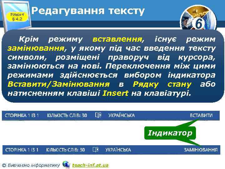 Розділ 4 § 4. 2 Редагування тексту 6 Крім режиму вставлення, існує режим замінювання,