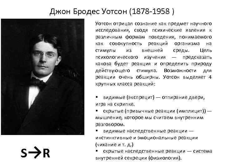 Джон Бродес Уотсон (1878 1958 ) Уотсон отрицал сознание как предмет научного исследования, сводя