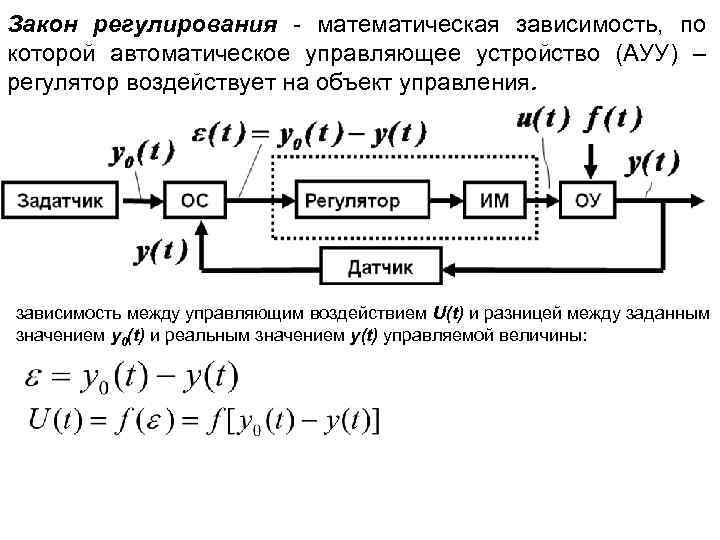 Закон регулирования - математическая зависимость, по которой автоматическое управляющее устройство (АУУ) – регулятор воздействует