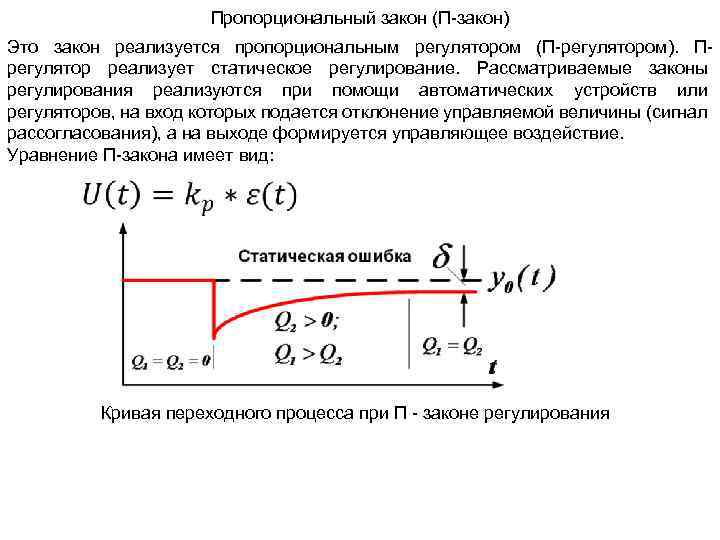 Пропорциональный закон (П-закон) Это закон реализуется пропорциональным регулятором (П-регулятором). Прегулятор реализует статическое регулирование. Рассматриваемые