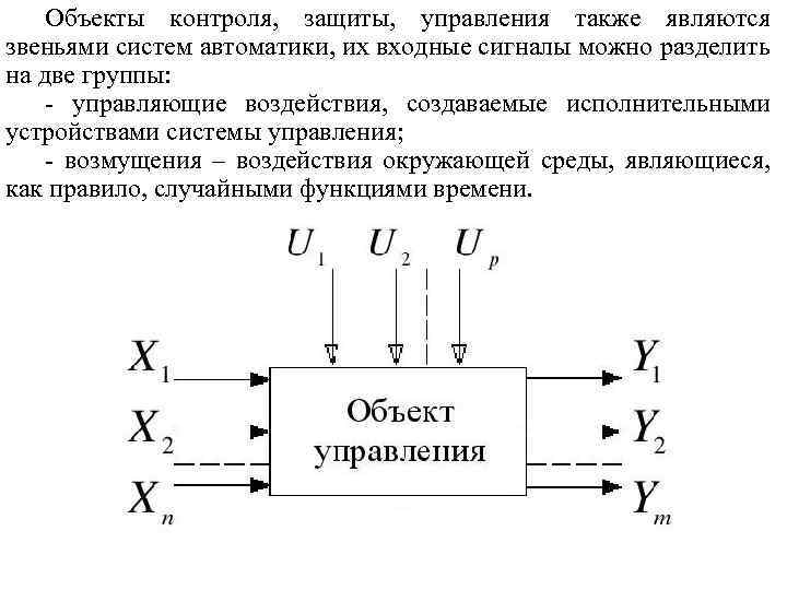 Объекты контроля, защиты, управления также являются звеньями систем автоматики, их входные сигналы можно разделить