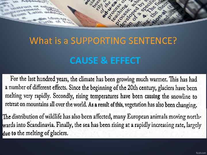 What is a SUPPORTING SENTENCE? CAUSE & EFFECT 