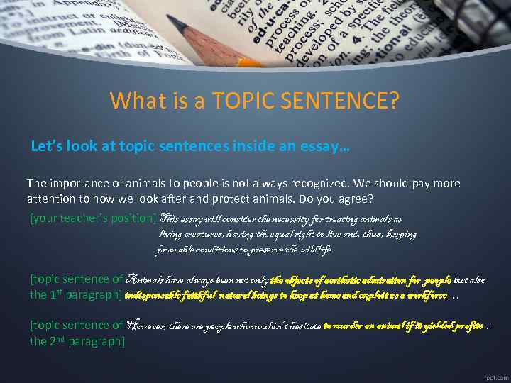 What is a TOPIC SENTENCE? Let’s look at topic sentences inside an essay… The