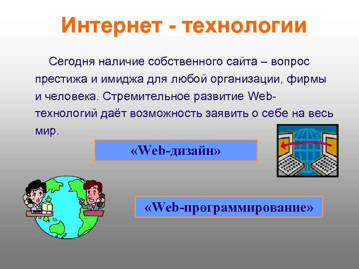 Интернет - технологии Сегодня наличие собственного сайта – вопрос престижа и имиджа для любой