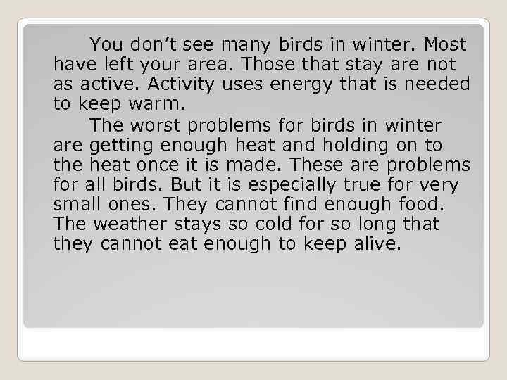 You don’t see many birds in winter. Most have left your area. Those that