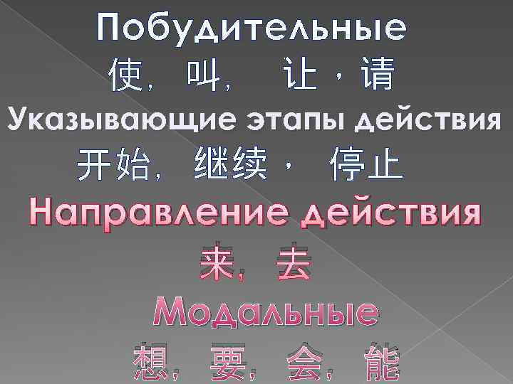 Побудительные 使，叫， 让，请 Указывающие этапы действия 开始，继续， 停止 Направление действия 来，去 Модальные 想，要，会，能 