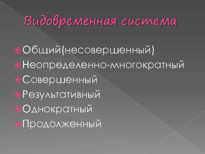 Видовременная система Общий(несовершенный) Неопределенно-многократный Совершенный Результативный Однократный Продолженный 