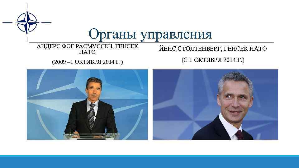 Органы управления АНДЕРС ФОГ РАСМУССЕН, ГЕНСЕК НАТО ЙЕНС СТОЛТЕНБЕРГ, ГЕНСЕК НАТО (2009 – 1