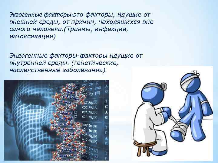 Экзогенные факторы-это факторы, идущие от внешней среды, от причин, находящихся вне самого человека. (Травмы,