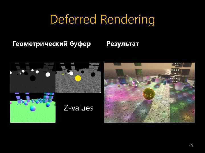 Deferred Rendering Геометрический буфер Результат Z-values 19 