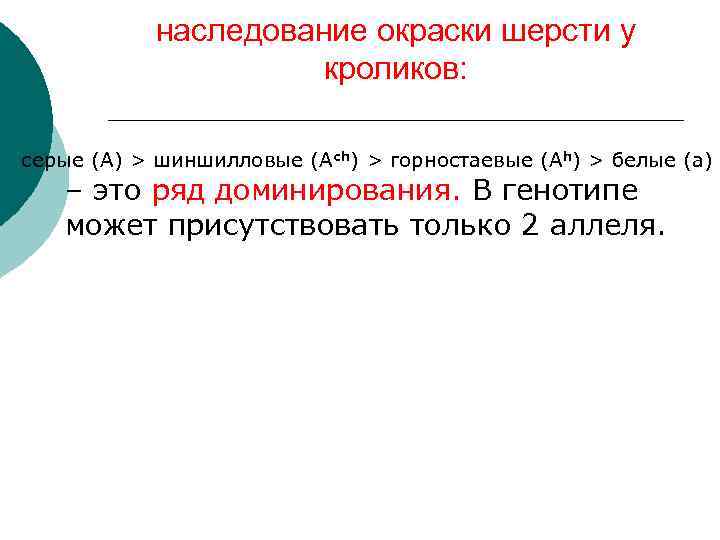 наследование окраски шерсти у кроликов: серые (А) > шиншилловые (Аch) > горностаевые (Аh) >