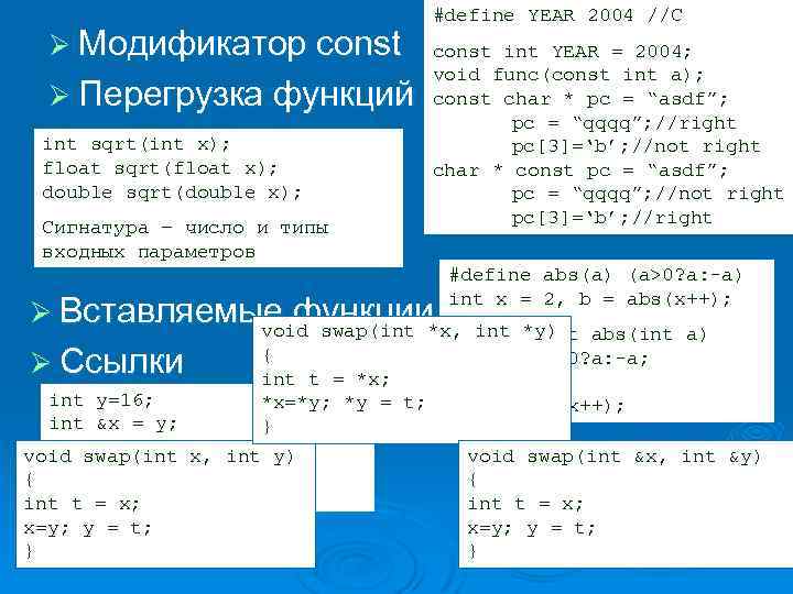 Ø Модификатор const Ø Перегрузка функций int sqrt(int x); float sqrt(float x); double sqrt(double