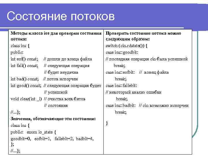 Состояние потоков Методы класса ios для проверки состояния потока: class ios { public: int