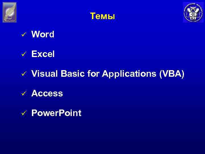 Темы ü Word ü Excel ü Visual Basic for Applications (VBA) ü Access ü