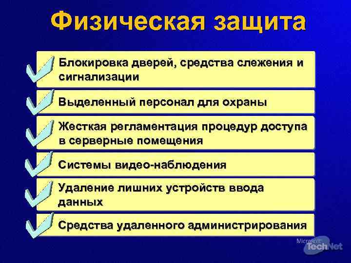 Физическая защита Блокировка дверей, средства слежения и сигнализации Выделенный персонал для охраны Жесткая регламентация